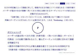 Copyright (c) Takahiro Yamaguchi All rights reserved.
以下のフォーマットを用いて「バリュー」を基軸とし、ターゲット・イシュー・ソリュー
ションを練り直す。
まず、プレシード期で検証した「バリュー」を改めて明確化する。そしてそのバリューを最
も感じてくれるターゲットは誰か？そのターゲットはどの市場・業界に該当するか？その
ターゲットが抱えていて、バリューがフィットするイシューは何か？そのターゲットにバ
リューを届けるためにソリューションはどう最適化させるべきか？を検討する。
③どのようなイシューに
フィットするか
（最適なイシュー設定）
アイデア期 プレシード
シード
（リリース前）
シード
（リリース後）
ｸﾞﾛｰｽ模索もやもや期
①独自の価値
②誰が価値を欲しているか＝強
い購買理由を持つか
（さらにそのユーザーが存在す
る市場・業界はどこか）
⑤購買理由を反映し、かつ新た
なターゲットがうけとりやすく
するためにはソリューションを
どのように最適化させるか
⑦どのような優位性が生じるか
（最適なポジショニング設定）
③価値はどのような購買理由に
フィットするか
⑥ユーザーが過去用いてきた何
の手段・何の製品サービスと比
較しうるか
（代替手段・代替品）
④どのような非購買理由を回避
する必要があるか
 