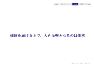 Copyright (c) Takahiro Yamaguchi All rights reserved.
シード期（リリース前）のプロセス
アイデア期 プレシード
シード
（リリース前）
シード
（リリース後）
ｸﾞﾛｰｽ模索もやもや期
①市場
インストール法
(STP再定義)
③トレードオフ
を
見抜く
②4P最適化
③利益モデル
構築
④ビジネス・
モデル構築
 