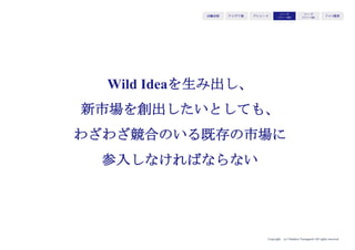 Copyright (c) Takahiro Yamaguchi All rights reserved.
Wild Ideaを生み出し、
新市場を創出したいとしても、
わざわざ競合のいる既存の市場に
参入しなければならない
アイデア期 プレシード
シード
（リリース前）
シード
（リリース後）
ｸﾞﾛｰｽ模索もやもや期
 