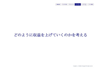 Copyright (c) Takahiro Yamaguchi All rights reserved.
アイデア期 プレシード
シード
（リリース前）
シード
（リリース後）
ｸﾞﾛｰｽ模索もやもや期
オンラインorオフライン
×
直販or代理
の４象限で検討します
 