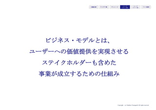 Copyright (c) Takahiro Yamaguchi All rights reserved.
アイデア期 プレシード
シード
（リリース前）
シード
（リリース後）
ｸﾞﾛｰｽ模索もやもや期
＜F型モデル２：マージンミックスモデル＞
収益対象の商品（卵など）と収益対象外の商品（牛丼）の組み合わせ
収益は上げないが集客力ある商品で顧客を呼び込み、付随的に購買さ
れる商品で収益を上げる
牛丼：原価 トッピング：収益
 