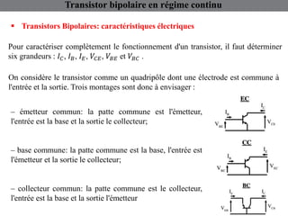 – émetteur commun: la patte commune est l'émetteur,
l'entrée est la base et la sortie le collecteur;
– base commune: la patte commune est la base, l'entrée est
l'émetteur et la sortie le collecteur;
– collecteur commun: la patte commune est le collecteur,
l'entrée est la base et la sortie l'émetteur
On considère le transistor comme un quadripôle dont une électrode est commune à
l'entrée et la sortie. Trois montages sont donc à envisager :
Transistor bipolaire en régime continu
 Transistors Bipolaires: caractéristiques électriques
Pour caractériser complètement le fonctionnement d'un transistor, il faut déterminer
six grandeurs : 𝐼𝐶, 𝐼𝐵, 𝐼𝐸, 𝑉𝐶𝐸, 𝑉𝐵𝐸 et 𝑉𝐵𝐶 .
 
