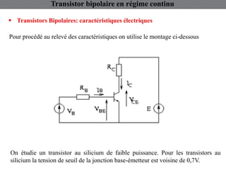 Transistor bipolaire en régime continu
 Transistors Bipolaires: caractéristiques électriques
Pour procédé au relevé des caractéristiques on utilise le montage ci-dessous
On étudie un transistor au silicium de faible puissance. Pour les transistors au
silicium la tension de seuil de la jonction base-émetteur est voisine de 0,7V.
 