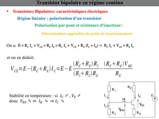 Région linéaire : polarisation d’un transistor
 Transistors Bipolaires: caractéristiques électriques
Transistor bipolaire en régime continu
Polarisation par pont et résistance d'émetteur:
Détermination approchée du point de fonctionnement
On a:
et on en déduit:
Stabilité en température : si 𝐼𝐶 ➚ , 𝑉𝐸 ➚
donc 𝑉𝐵𝐸 ➘ ⇒ 𝐼𝐵 ➘ ⇒ 𝐼𝐶 ➘
 