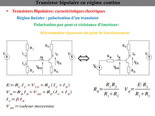 Région linéaire : polarisation d’un transistor
 Transistors Bipolaires: caractéristiques électriques
Transistor bipolaire en régime continu
Polarisation par pont et résistance d'émetteur:
Détermination rigoureuse du point de fonctionnement
 