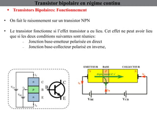 Transistor bipolaire en régime continu
 Transistors Bipolaires: Fonctionnement
• On fait le raisonnement sur un transistor NPN
• Le transistor fonctionne si l’effet transistor a eu lieu. Cet effet ne peut avoir lieu
que si les deux conditions suivantes sont réunies:
₋ Jonction base-emetteur polarisée en direct
₋ Jonction base-collecteur polarisé en inverse,
 