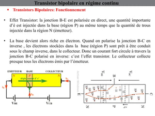 Transistor bipolaire en régime continu
 Transistors Bipolaires: Fonctionnement
• Effet Transistor: la jonction B-E est polarisée en direct, une quantité importante
d’é est injectée dans la base (région P) au même temps que la quantité de trous
injectée dans la région N (émetteur).
• La base devient alors riche en électron. Quand on polarise la jonction B-C en
inverse , les électrons stockées dans la base (région P) sont prêt à être conduit
sous le champ inverse, dans le collecteur. Donc un courant fort circule à travers la
jonction B-C polarisé en inverse: c’est l’effet transistor. Le collecteur collecte
presque tous les électrons émis par l’émetteur.
 