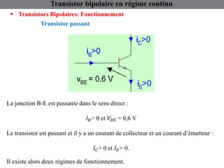 Transistor bipolaire en régime continu
 Transistors Bipolaires: Fonctionnement
Transistor passant
La jonction B-E est pas...