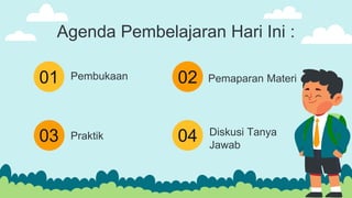 01
03
Agenda Pembelajaran Hari Ini :
Pembukaan Pemaparan Materi
Praktik Diskusi Tanya
Jawab
04
02
 