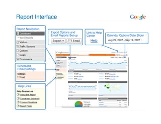 Report Interface
Report Navigation
                    Export Options and     Link to Help
                    Email Reports Set-up   Center         Calendar Options/Date Slider




Scheduled
Email Settings




Help Links
 