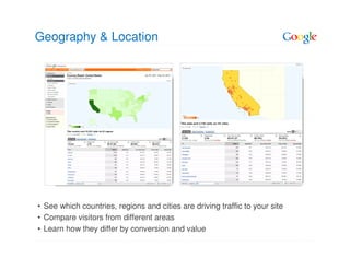 Geography & Location




• See which countries, regions and cities are driving traffic to your site
• Compare visitors from different areas
• Learn how they differ by conversion and value
 