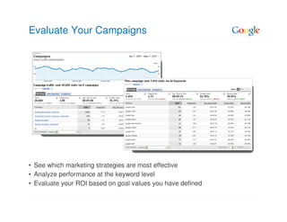 Evaluate Your Campaigns




• See which marketing strategies are most effective
• Analyze performance at the keyword level
• Evaluate your ROI based on goal values you have defined
 