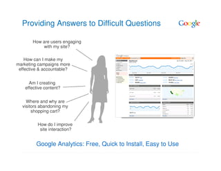 Providing Answers to Difficult Questions

       How are users engaging
           with my site?

    How can I make my
marketing campaigns more
 effective & accountable?


      Am I creating
    effective content?


    Where and why are
  visitors abandoning my
       shopping cart?

          How do I improve
           site interaction?


         Google Analytics: Free, Quick to Install, Easy to Use
 