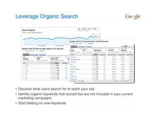Leverage Organic Search




• Discover what users search for to reach your site
• Identify organic keywords that convert but are not included in your current
  marketing campaigns
• Start bidding on new keywords
 