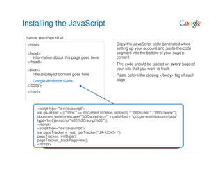 Installing the JavaScript
 Sample Web Page HTML

 <html>                                               • Copy the JavaScript code generated when
                                                        setting up your account and paste the code
 <head>                                                 segment into the bottom of your page’s
    Information about this page goes here               content
 </head>
                                                      • This code should be placed on every page of
 <body>                                                 your site that you want to track
   The displayed content goes here                    • Paste before the closing </body> tag of each
    Google Analytics Code                               page
 </body>
 </html>



      <script type="text/javascript">
      var gaJsHost = (("https:" == document.location.protocol) ? "https://ssl." : "http://www.");
      document.write(unescape("%3Cscript src='" + gaJsHost + "google-analytics.com/ga.js'
      type='text/javascript'%3E%3C/script%3E"));
      </script>
      <script type="text/javascript">
      var pageTracker = _gat._getTracker("UA-12345-1");
      pageTracker._initData();
      pageTracker._trackPageview();
      </script>
 