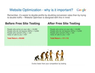 Website Optimization - why is it important?
 Remember, it’s easier to double profits by doubling conversion rates than by trying
 to double traffic – Website Optimiser is designed with this in mind

Before Free Site Testing                            After Free Site Testing
 People who arrive on your site = 10,000               People who arrive on your site = 10,000
 People who do not bounce (60%) = 6,000                People who do not bounce (65%) = 6,500
 People who convert (2%) = 120                         People who convert (3%) = 195
 Value of sale to you = €57                            Value of sale to you = €57

 Total Return = €6.840                                 Total Return = €11.115




                               Evolve faster than your competition by testing
 