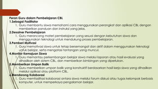 Peran Guru dalam Pembelajaran CBL
1.Sebagai Fasilitator
1. Guru membantu siswa memahami cara menggunakan perangkat dan aplikasi CBL dengan
memberikan panduan dan instruksi yang jelas.
2.Desainer Pembelajaran
1. Guru merancang materi pembelajaran yang sesuai dengan kebutuhan siswa dan
menggunakan teknologi untuk mendukung proses pembelajaran.
3.Pemberi Motivasi
1. Guru memotivasi siswa untuk tetap bersemangat dan aktif dalam menggunakan teknologi
untuk belajar, serta mengatasi tantangan yang muncul.
4.Monitor Kemajuan Siswa
1. Guru memantau perkembangan belajar siswa melalui laporan atau hasil evaluasi yang
dihasilkan oleh sistem CBL, dan memberikan bimbingan yang diperlukan.
5.Memberikan Umpan Balik
1. Guru memberikan umpan balik yang konstruktif berdasarkan hasil kerja siswa yang dihasilkan
melalui aplikasi atau platform CBL.
6.Mendorong Kolaborasi
1. Guru memfasilitasi kolaborasi antara siswa melalui forum diskusi atau tugas kelompok berbasis
komputer, untuk memperkaya pengalaman belajar.
 