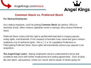 Common Stock vs. Preferred Stock
              AngelKings.com/Invest
For Startup Employees:
As a startup employee, you'll be getting Common Stock (as options, RSUs or
restricted stock). When venture capitalists invest in startups, they receive Preferred
Stock.
Preferred Stock comes with the right to preferential treatment in merger payouts,
voting rights, and dividends. If the company & founders have caved and given venture
capitalists a lot of preferred rights ­ like a 1, 2 or 3x Liquidation Preference or
Participating Preferred Stock, those rights will dramatically reduce your payouts in an
acquisition.
The Angel Kings' point:  Startup employees need to understand the terms and
conditions that come with his/her employment and vesting agreements.  Don't sit back
idly and watch, ask question, review our course and be aware of what's going on!
 