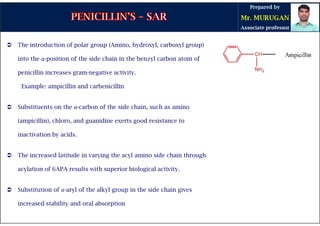  The introduction of polar group (Amino, hydroxyl, carboxyl group)
into the α-position of the side chain in the benzyl carbon atom of
penicillin increases gram-negative activity.
Example: ampicillin and carbenicillin
 Substituents on the α-carbon of the side chain, such as amino
(ampicillin), chloro, and guanidine exerts good resistance to
inactivation by acids.
 The increased latitude in varying the acyl amino side chain through
acylation of 6APA results with superior biological activity.
 Substitution of α-aryl of the alkyl group in the side chain gives
increased stability and oral absorption
 