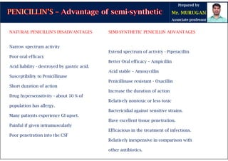 SEMI-SYNTHETIC PENICILLIN ADVANTAGES
Extend spectrum of activity - Piperacillin
Better Oral efficacy – Ampicillin
Acid stable – Amoxycillin
Penicillinase resistant - Oxacillin
Increase the duration of action
Relatively nontoxic or less toxic
Bactericidial against sensitive strains.
Have excellent tissue penetration.
Efficacious in the treatment of infections.
Relatively inexpensive in comparison with
other antibiotics.
NATURAL PENICILLIN'S DISADVANTAGES
Narrow spectrum activity
Poor oral efficacy
Acid liability - destroyed by gastric acid.
Susceptibility to Penicillinase
Short duration of action
Drug hypersensitivity - about 10 % of
population has allergy.
Many patients experience GI upset.
Painful if given intramuscularly
Poor penetration into the CSF
 