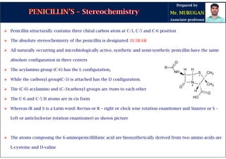  Penicillin structurally contains three chiral carbon atom at C-3, C-5 and C-6 position
 The absolute stereochemistry of the penicillin is designated 3S:5R:6R
 All naturally occurring and microbiologically active, synthetic and semi-synthetic penicillin have the same
absolute configuration in three centers
 The acylamino group (C-6) has the L configuration,
 While the carboxyl group(C-3) is attached has the D configuration.
 The (C-6) acylamino and (C-3)carboxyl groups are trans to each other
 The C-6 and C-5 H atoms are in cis form
 Whereas (R and S is a Latin word: Rectus or R – right or clock wise rotation enantiomer and Sinister or S –
Left or anticlockwise rotation enantiomer) as shown picture
 The atoms composing the 6-aminopenicillillanic acid are biosynthetically derived from two amino acids are
L-cysteine and D-valine
 
