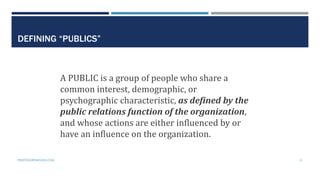 DEFINING “PUBLICS”
A PUBLIC is a group of people who share a
common interest, demographic, or
psychographic characteristic...