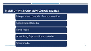 28
MENU OF PR & COMMUNICATION TACTICS
Interpersonal channels of communication
Organizational media
News media
Advertising ...