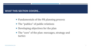 WHAT THIS SECTION COVERS…
 Fundamentals of the PR planning process
 The “publics” of public relations
 Developing objec...