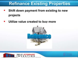 Refinance Existing Properties
 Shift down payment from existing to new
projects
 Utilize value created to buy more
 