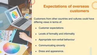 Expectations of overseas
customers
Customers from other countries and cultures could have
differing views in terms of:
● Customer expectations
● Levels of formality and informality
● Appropriate non-verbal behaviour
● Communicating sincerity
● Dress and appearance.
 