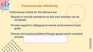 CREDITS: This presentation template was created by
Slidesgo, including icons by Flaticon, and infographics &
images by Freepik.
Communicate effectively
Performance Criteria for this Element are:
Request or provide assistance so that work activities can be
completed
Provide support to colleagues to ensure achievement of team
goals
Discuss and resolve problems through agreed and/or accepted
processes.
 