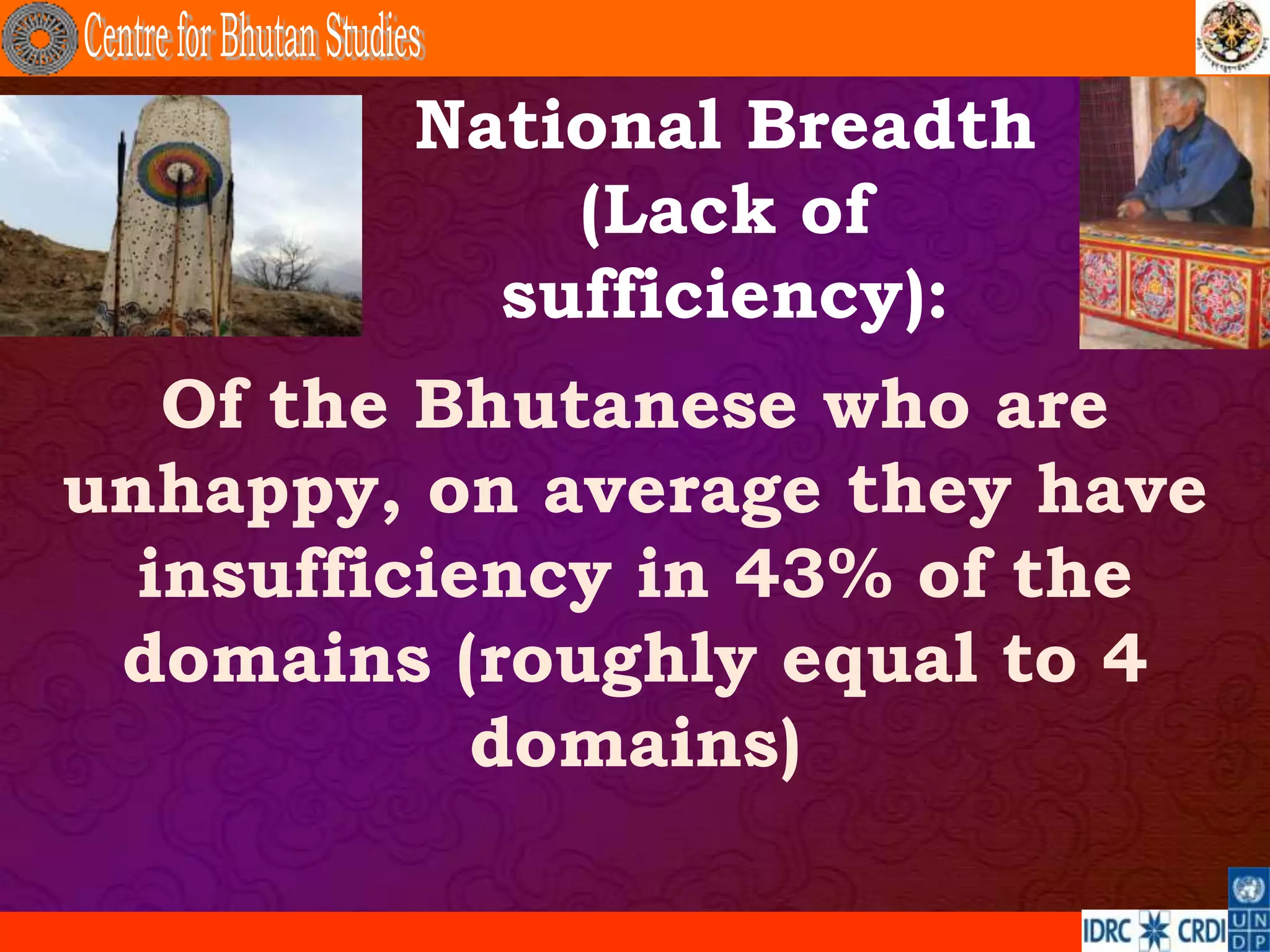 National Breadth
            (Lack of
          sufficiency):
   Of the Bhutanese who are
unhappy, on average they have
  insufficiency in 43% of the
 domains (roughly equal to 4
            domains)
 