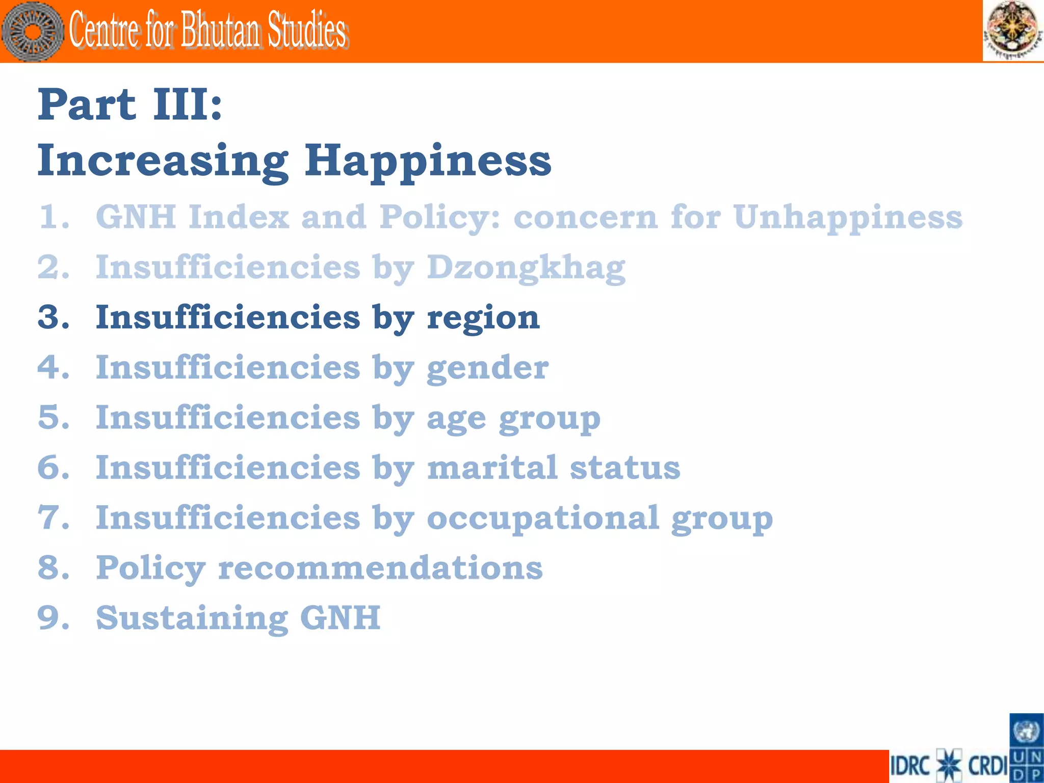 Part III:
Increasing Happiness
1.   GNH Index and Policy: concern for Unhappiness
2.   Insufficiencies by Dzongkhag
3.   Insufficiencies by region
4.   Insufficiencies by gender
5.   Insufficiencies by age group
6.   Insufficiencies by marital status
7.   Insufficiencies by occupational group
8.   Policy recommendations
9.   Sustaining GNH
 