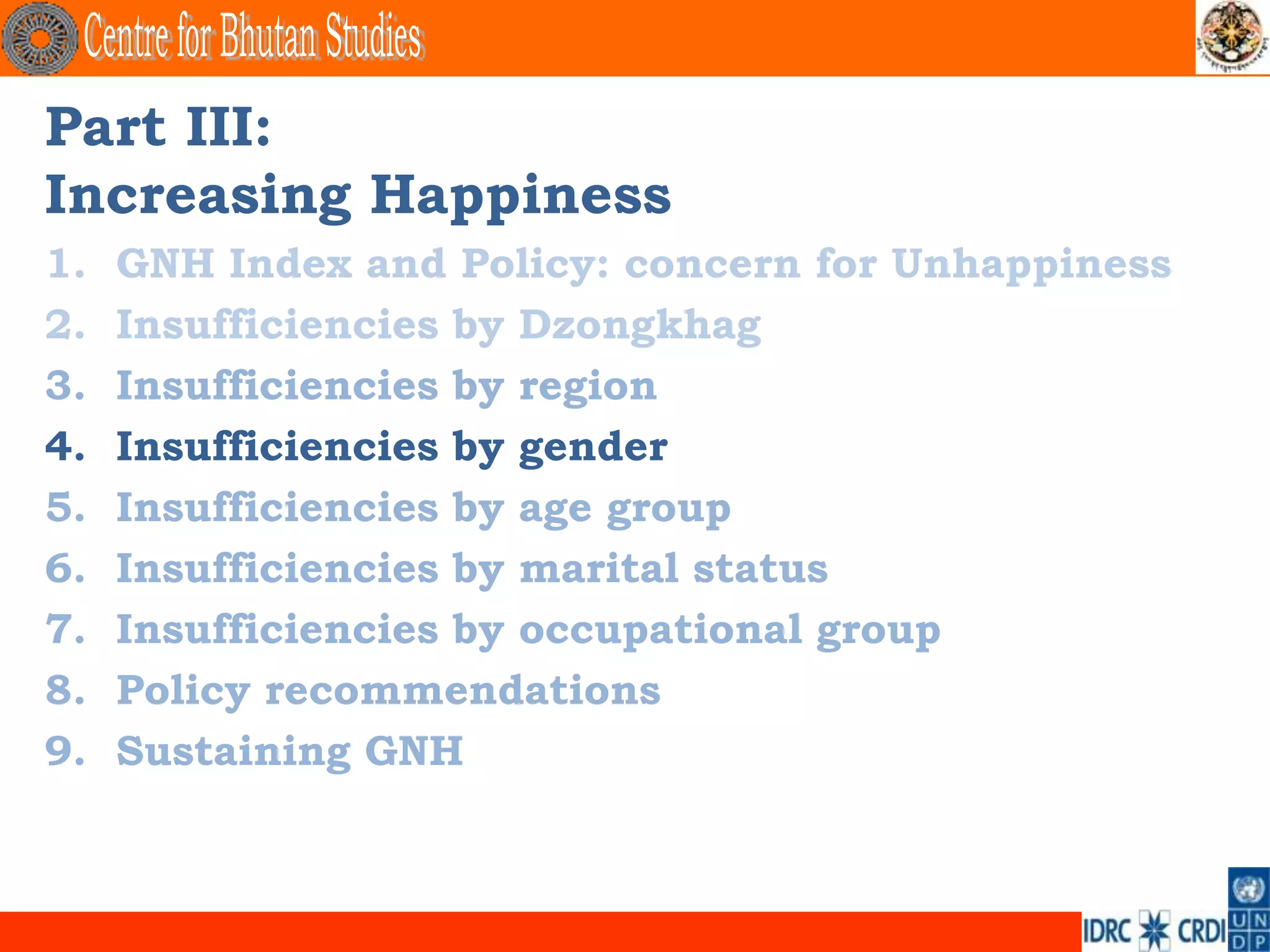 Part III:
Increasing Happiness
1.   GNH Index and Policy: concern for Unhappiness
2.   Insufficiencies by Dzongkhag
3.   Insufficiencies by region
4.   Insufficiencies by gender
5.   Insufficiencies by age group
6.   Insufficiencies by marital status
7.   Insufficiencies by occupational group
8.   Policy recommendations
9.   Sustaining GNH
 