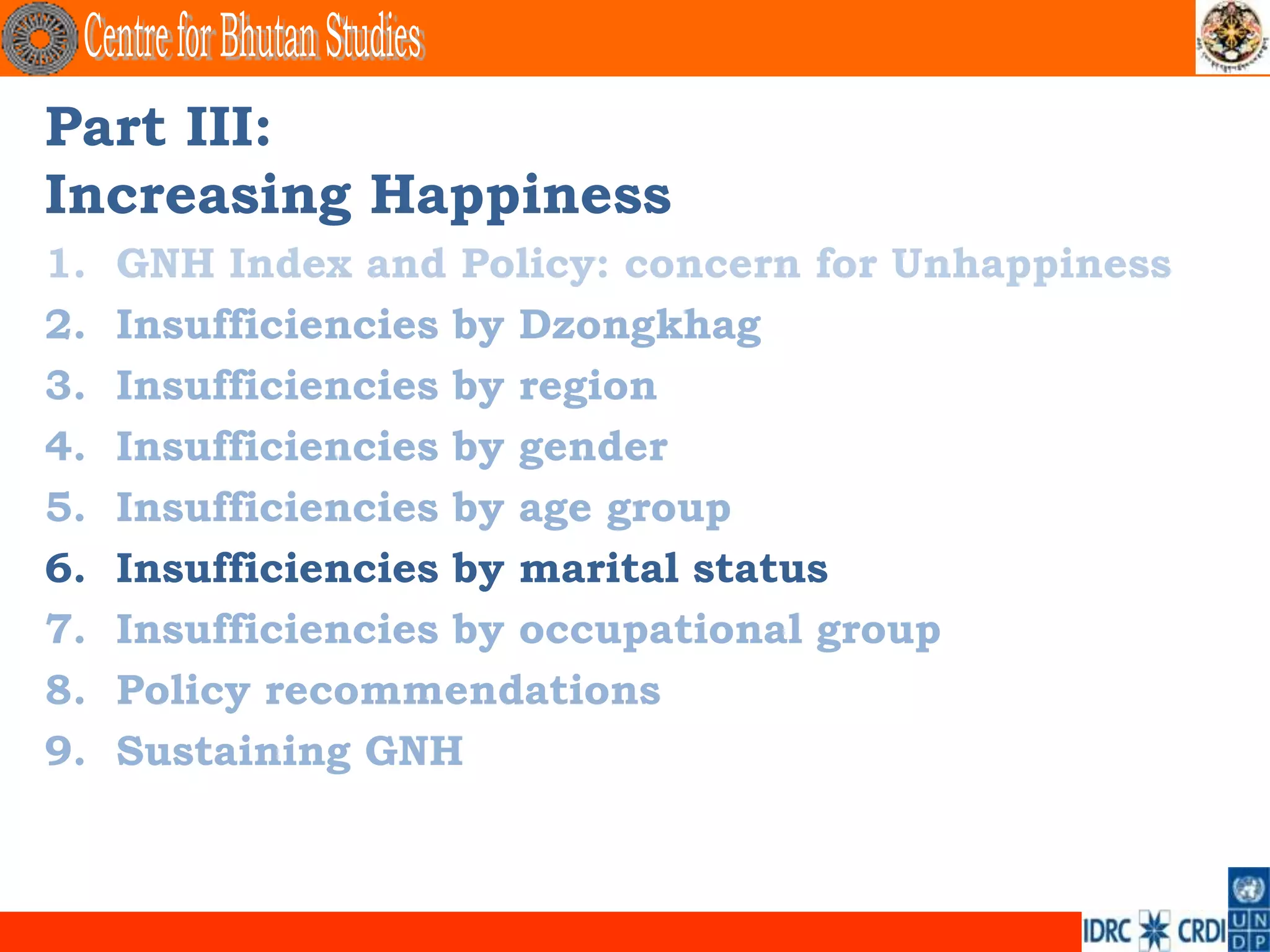 Part III:
Increasing Happiness
1.   GNH Index and Policy: concern for Unhappiness
2.   Insufficiencies by Dzongkhag
3.   Insufficiencies by region
4.   Insufficiencies by gender
5.   Insufficiencies by age group
6.   Insufficiencies by marital status
7.   Insufficiencies by occupational group
8.   Policy recommendations
9.   Sustaining GNH
 