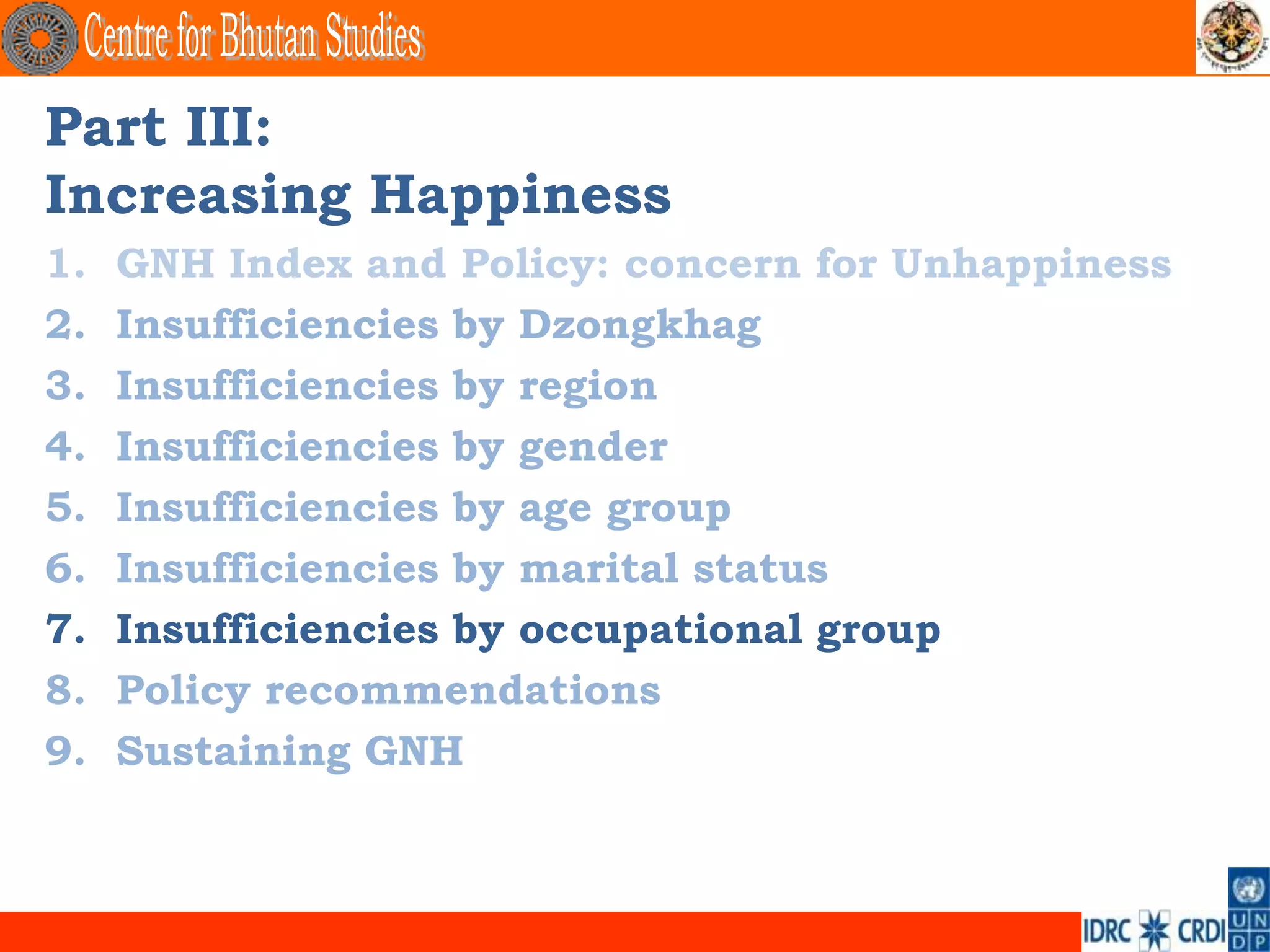Part III:
Increasing Happiness
1.   GNH Index and Policy: concern for Unhappiness
2.   Insufficiencies by Dzongkhag
3.   Insufficiencies by region
4.   Insufficiencies by gender
5.   Insufficiencies by age group
6.   Insufficiencies by marital status
7.   Insufficiencies by occupational group
8.   Policy recommendations
9.   Sustaining GNH
 