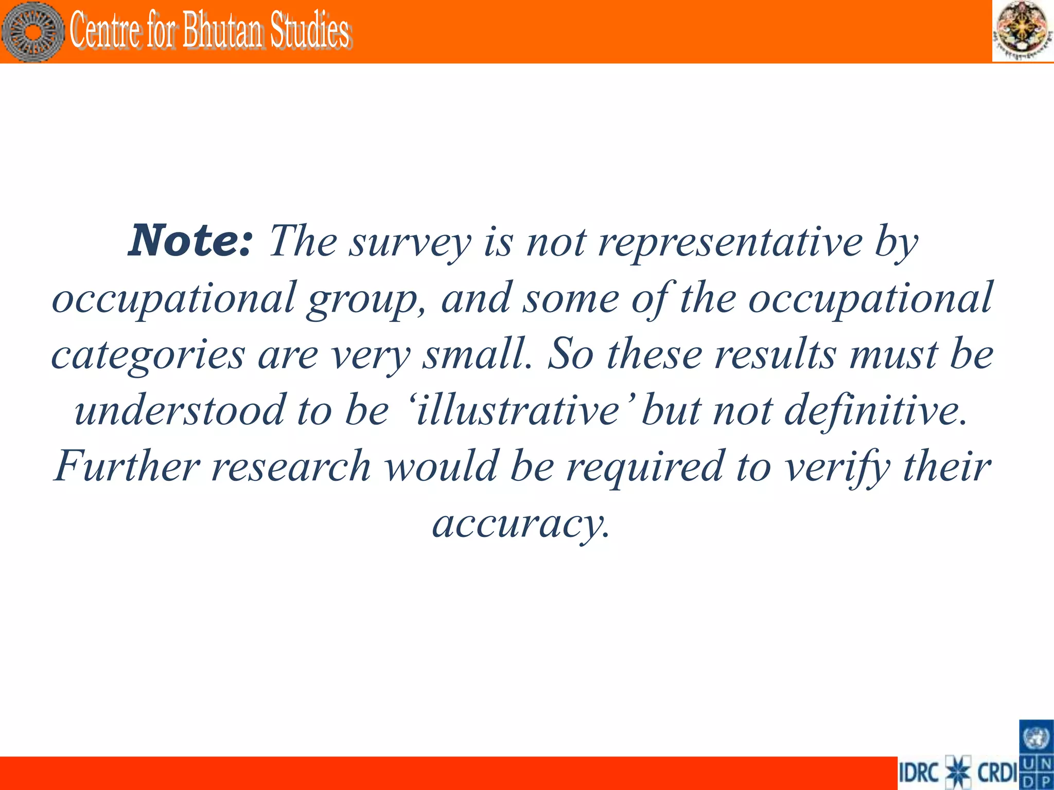 Note: The survey is not representative by
occupational group, and some of the occupational
categories are very small. So these results must be
 understood to be ‘illustrative’ but not definitive.
Further research would be required to verify their
                    accuracy.
 