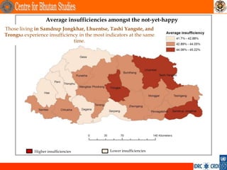 Average insufficiencies amongst the not-yet-happy
Those living in Samdrup Jongkhar, Lhuentse, Tashi Yangste, and
Trongsa experience insufficiency in the most indicators at the same
                              time.




             Higher insufficiencies            Lower insufficiencies
 