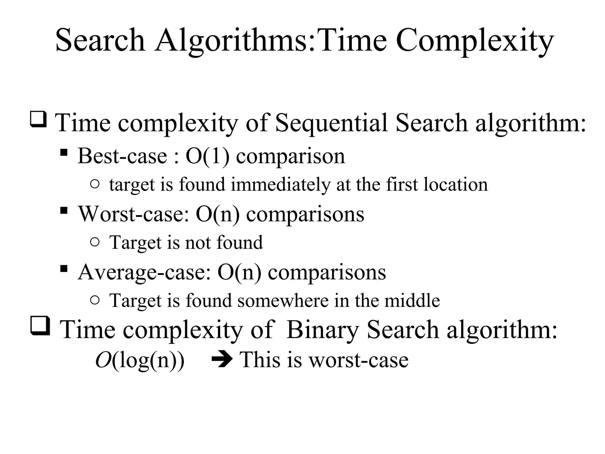 Search Algorithms:Time Complexity 
 Time complexity of Sequential Search algorithm: 
 Best-case : O(1) comparison 
o target is found immediately at the first location 
 Worst-case: O(n) comparisons 
o Target is not found 
 Average-case: O(n) comparisons 
o Target is found somewhere in the middle 
 Time complexity of Binary Search algorithm: 
O(log(n))  This is worst-case 
 