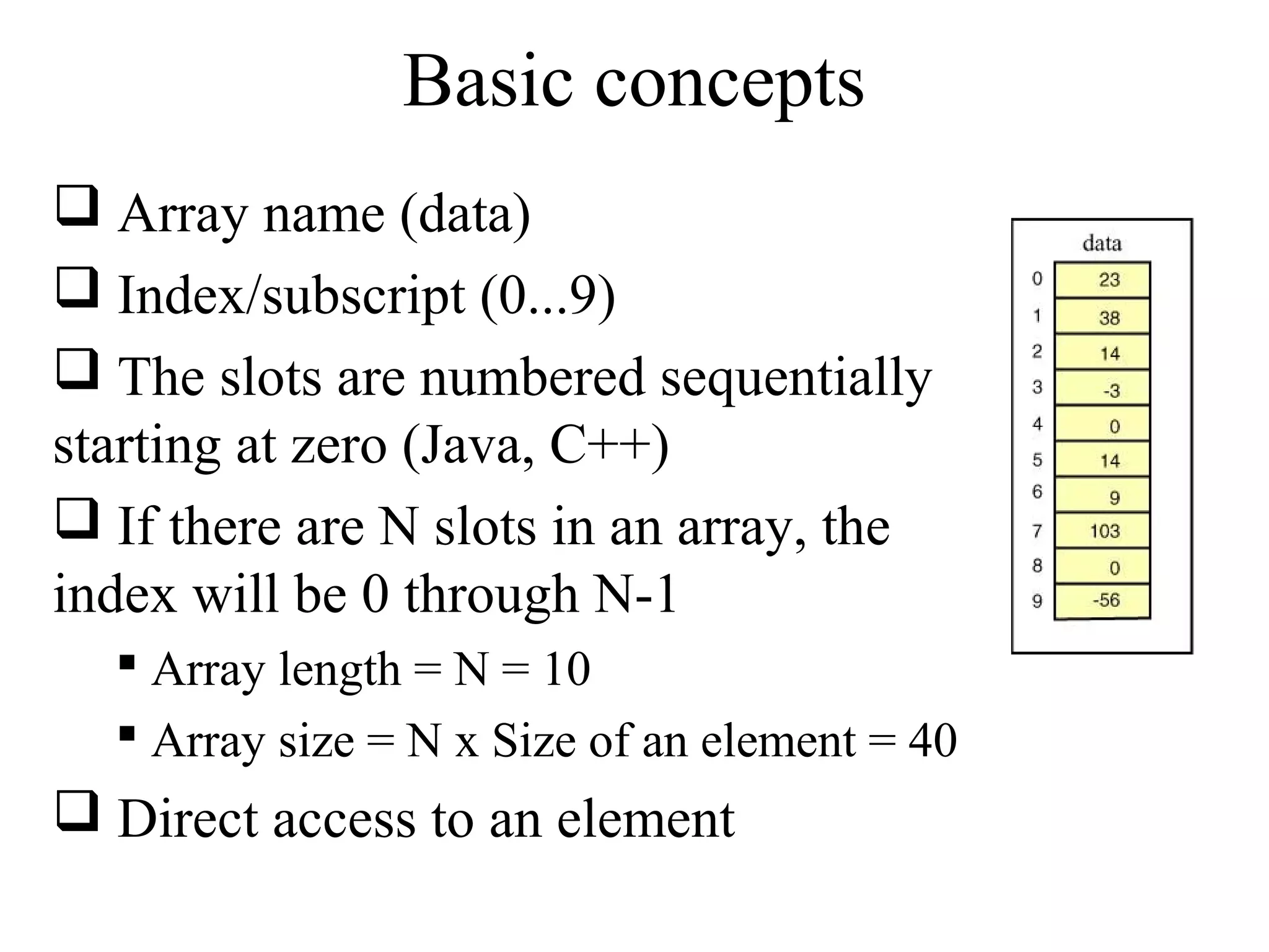 Basic concepts 
 Array name (data) 
 Index/subscript (0...9) 
 The slots are numbered sequentially 
starting at zero (Java, C++) 
 If there are N slots in an array, the 
index will be 0 through N-1 
 Array length = N = 10 
 Array size = N x Size of an element = 40 
 Direct access to an element 
 