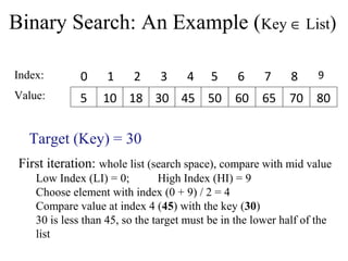 Binary Search: An Example (Key Î List) 
Index: 
0 1 2 3 4 5 6 7 8 9 
Value: 5 10 18 30 45 50 60 65 70 80 
Target (Key) = 30 
First iteration: whole list (search space), compare with mid value 
Low Index (LI) = 0; High Index (HI) = 9 
Choose element with index (0 + 9) / 2 = 4 
Compare value at index 4 (45) with the key (30) 
30 is less than 45, so the target must be in the lower half of the 
list 
 