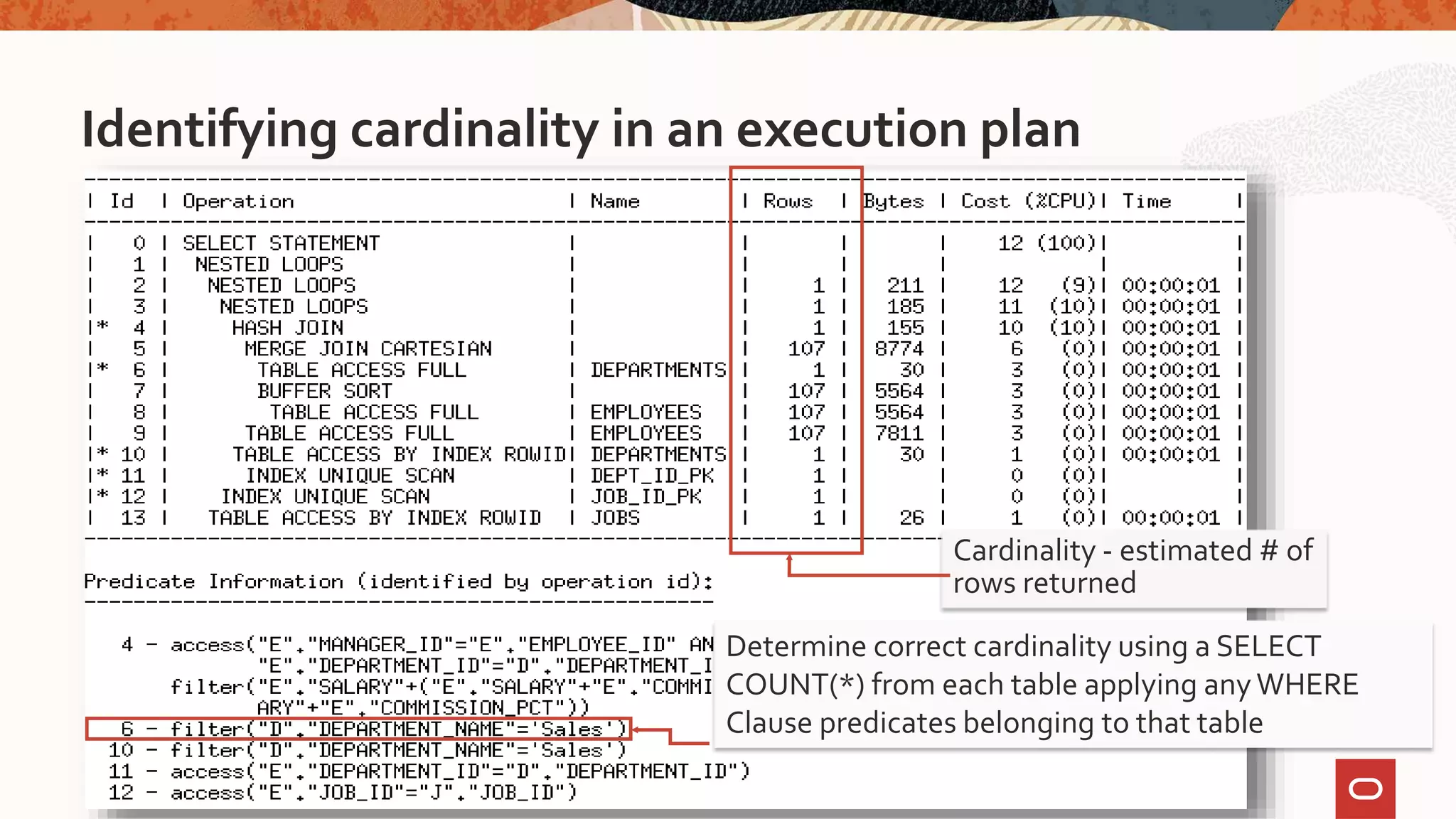 Identifying cardinality in an execution plan
Cardinality - estimated # of
rows returned
Determine correct cardinality using a SELECT
COUNT(*) from each table applying any WHERE
Clause predicates belonging to that table
 