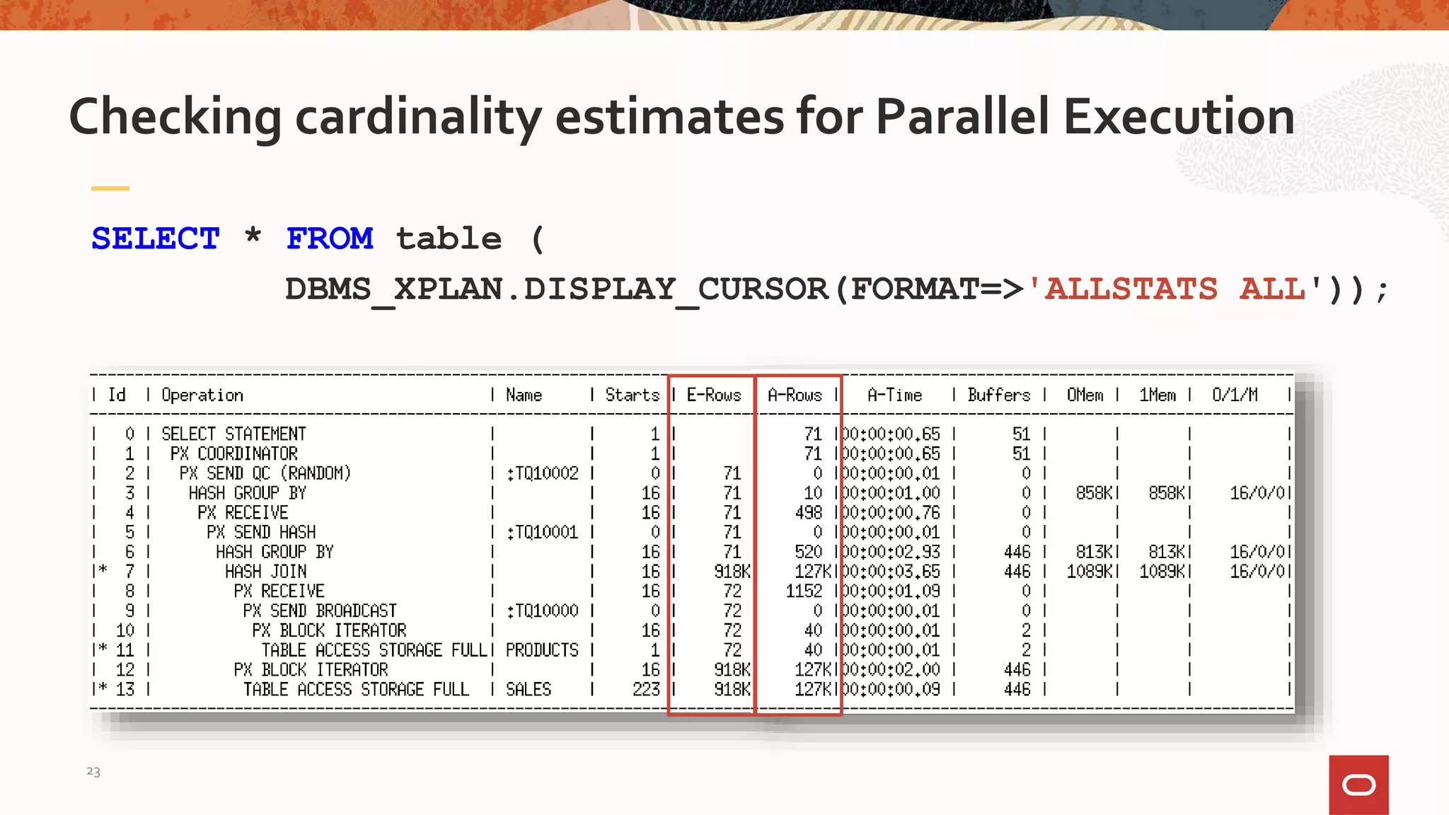 SELECT * FROM table (
DBMS_XPLAN.DISPLAY_CURSOR(FORMAT=>'ALLSTATS ALL'));
Checking cardinality estimates for Parallel Execution
23
 
