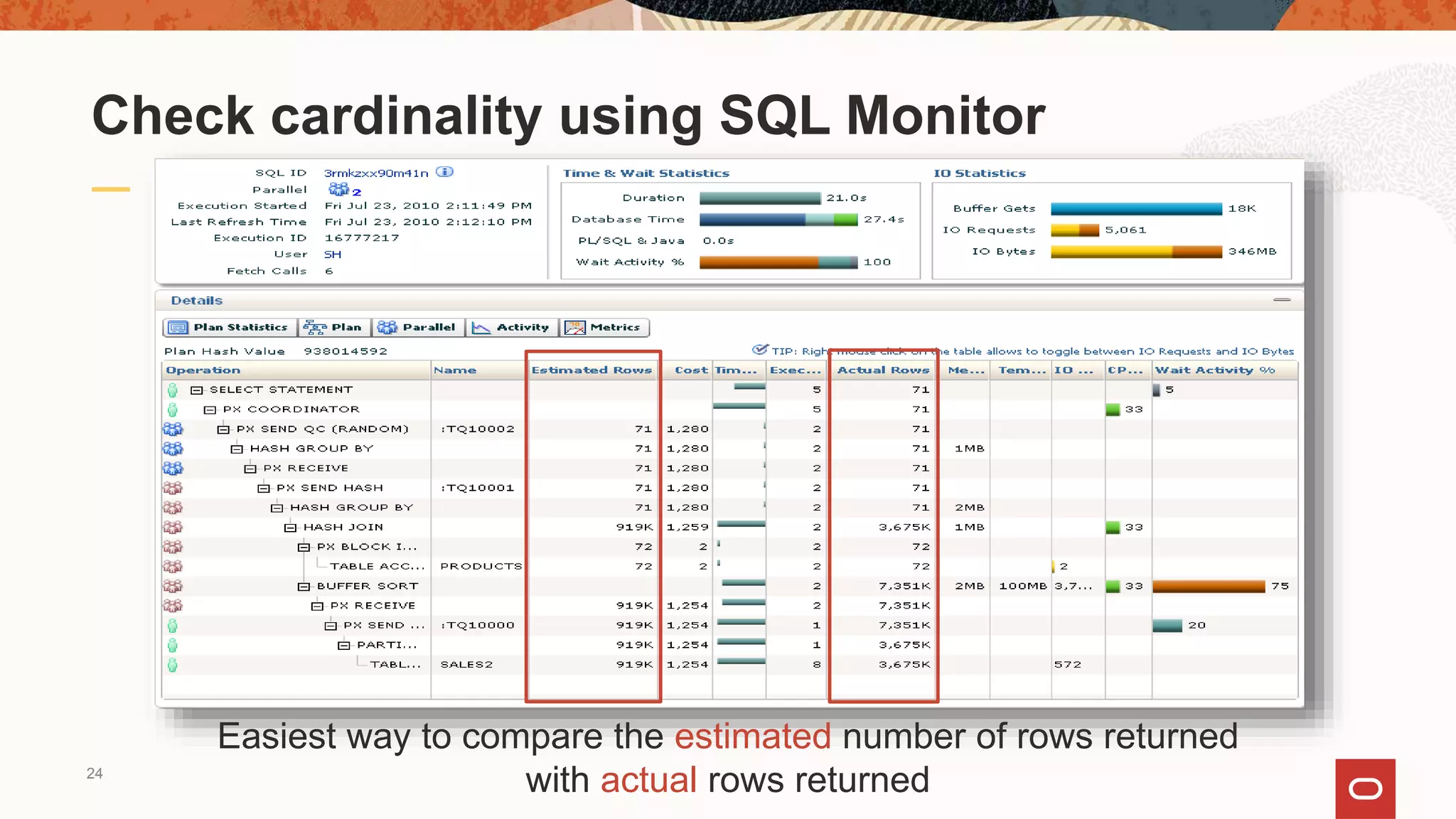 Easiest way to compare the estimated number of rows returned
with actual rows returned
Check cardinality using SQL Monitor
24
 
