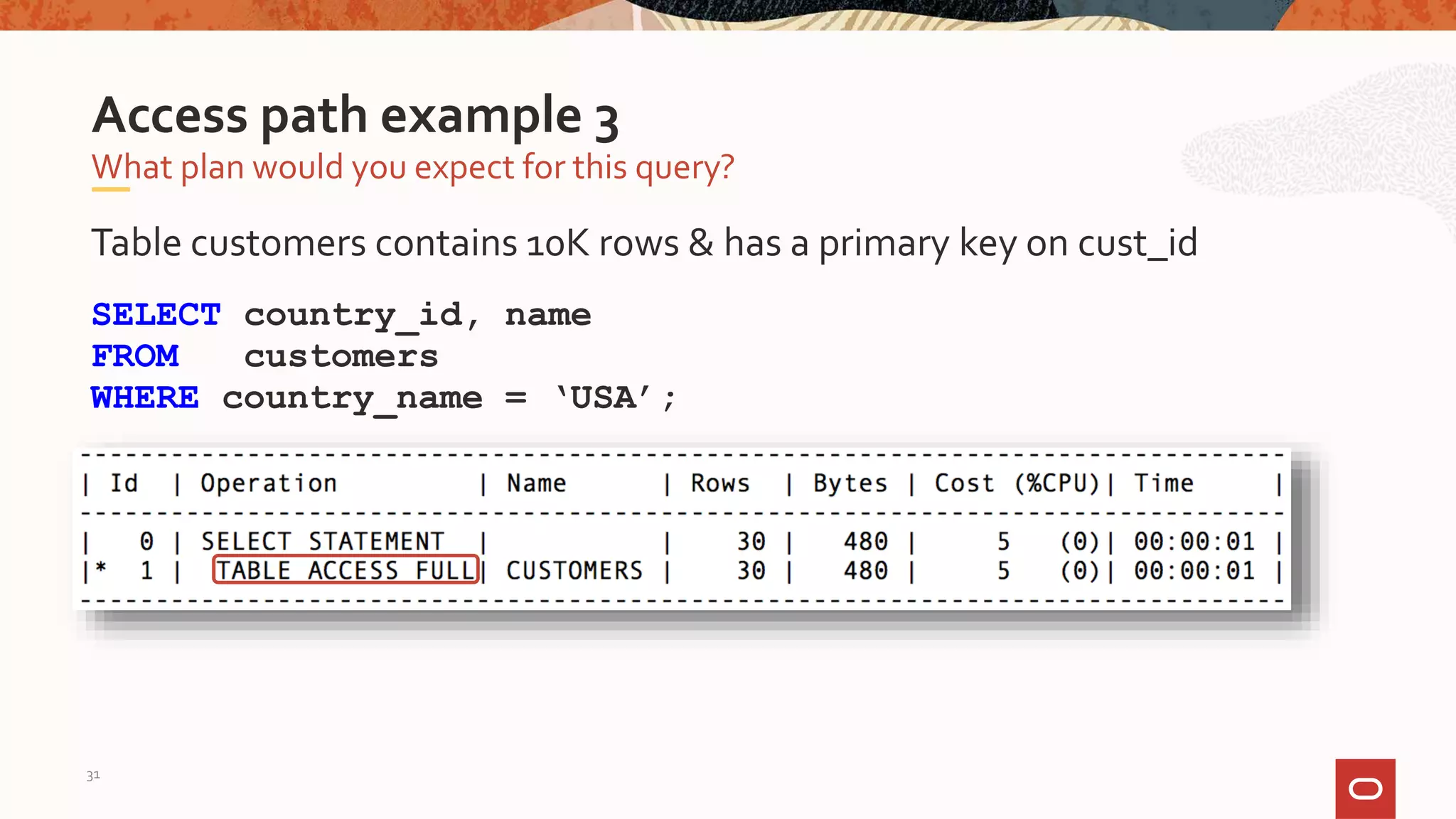 Table customers contains 10K rows & has a primary key on cust_id
SELECT country_id, name
FROM customers
WHERE country_name = ‘USA’;
What plan would you expect for this query?
Access path example 3
31
 