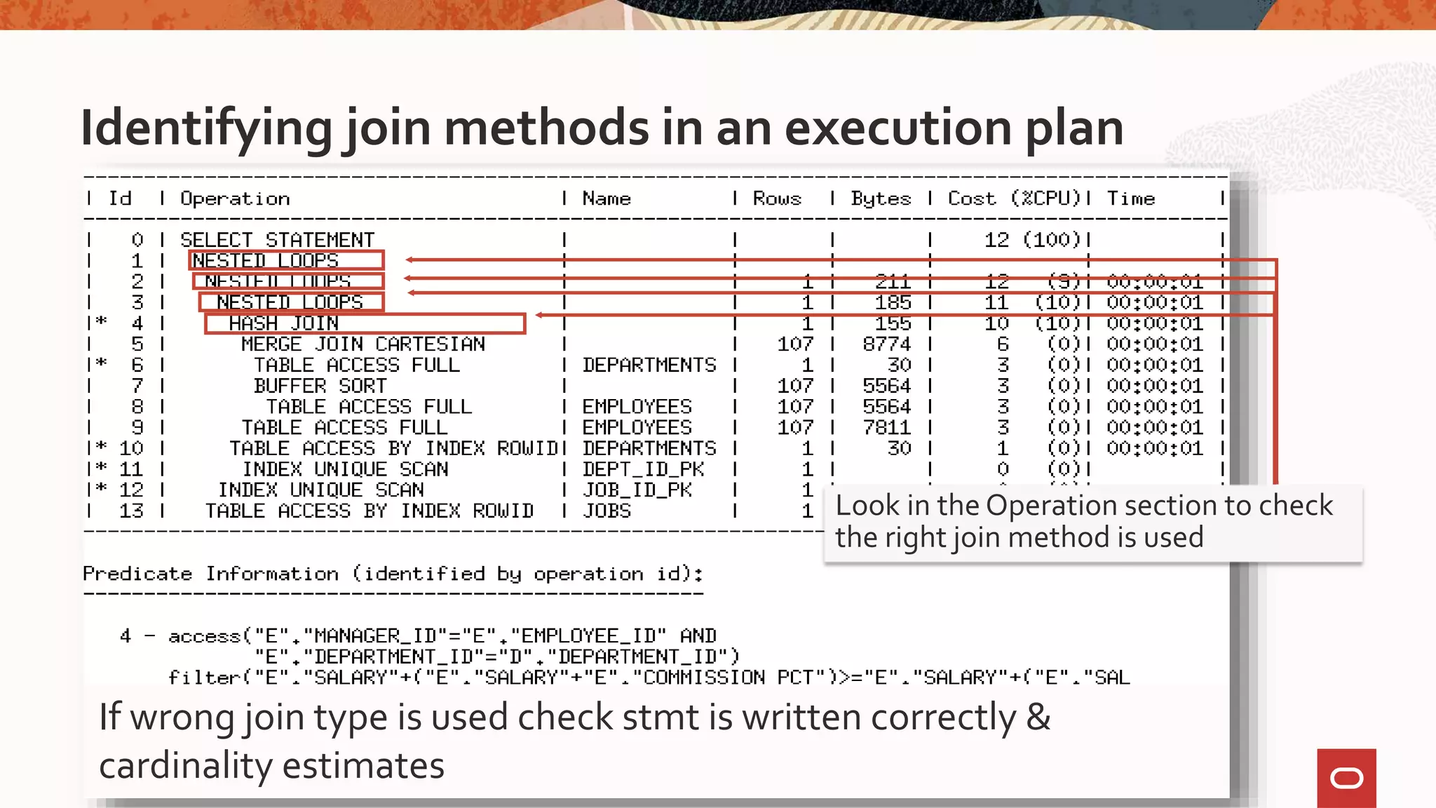 Identifying join methods in an execution plan
Look in the Operation section to check
the right join method is used
If wrong join type is used check stmt is written correctly &
cardinality estimates
 