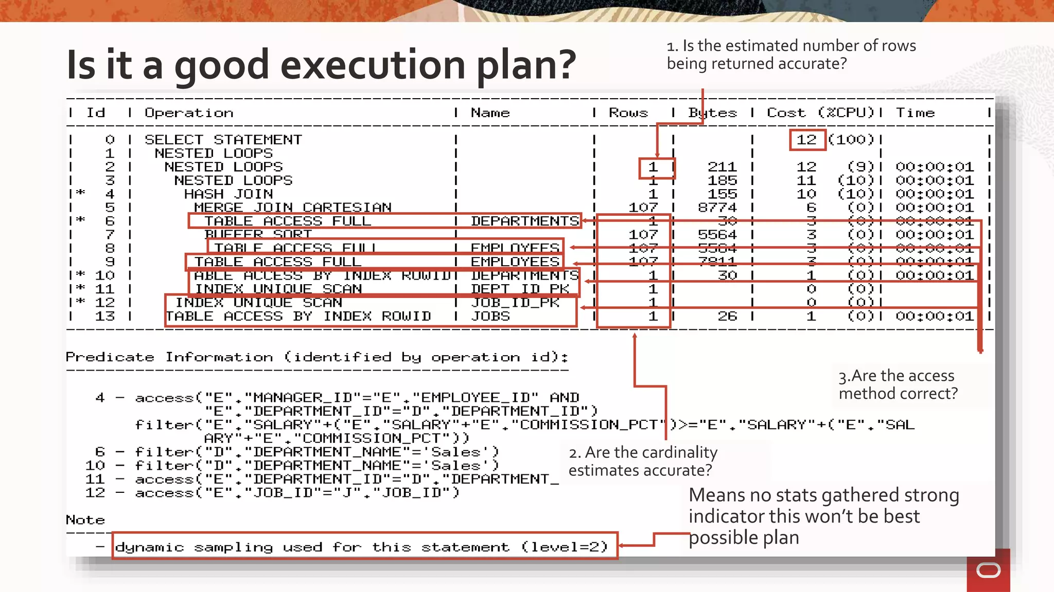 Is it a good execution plan?
Means no stats gathered strong
indicator this won’t be best
possible plan
1. Is the estimated number of rows
being returned accurate?
2. Are the cardinality
estimates accurate?
3.Are the access
method correct?
 
