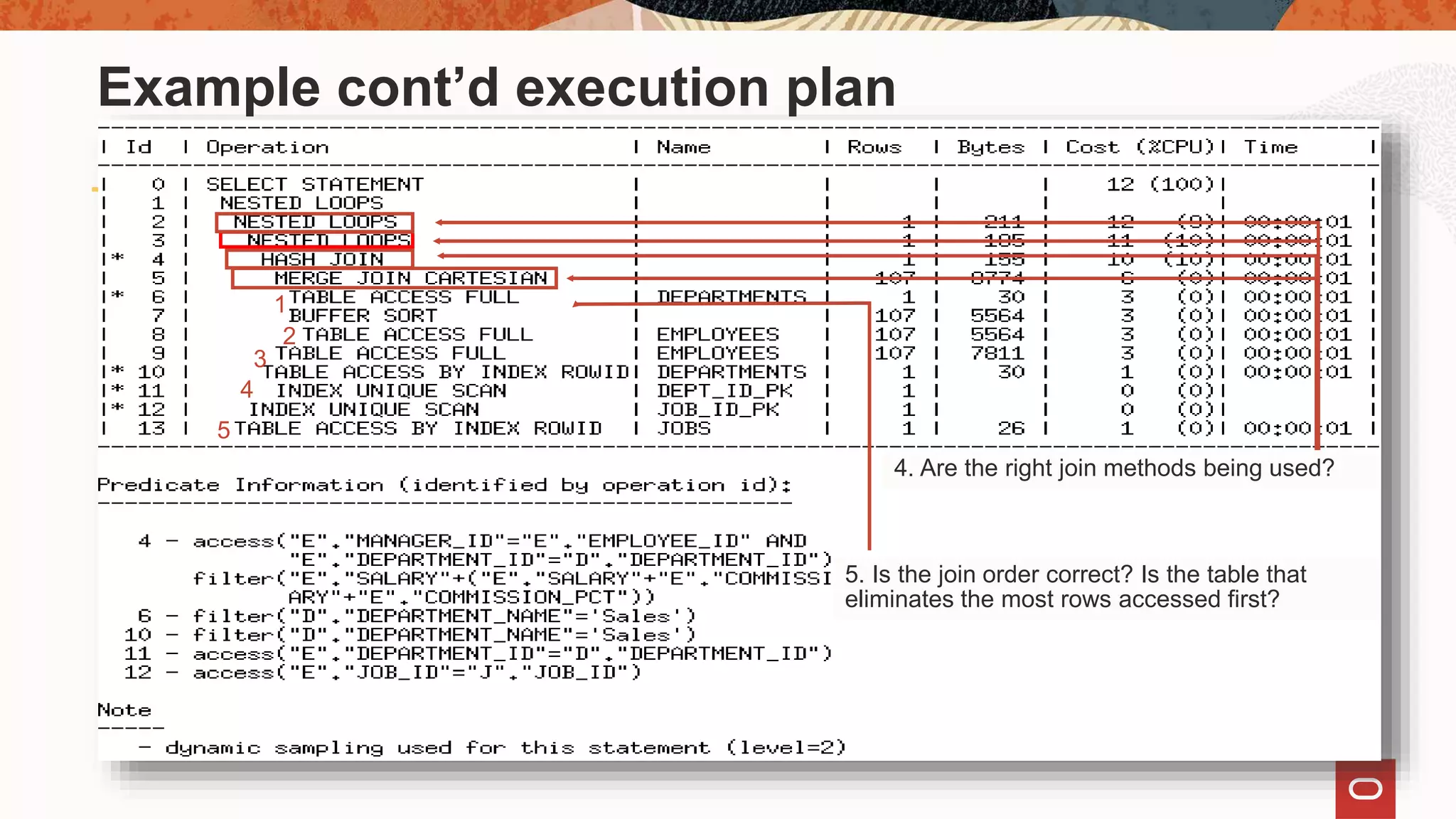 5. Is the join order correct? Is the table that
eliminates the most rows accessed first?
4. Are the right join methods being used?
1
2
3
4
5
Example cont’d execution plan
 