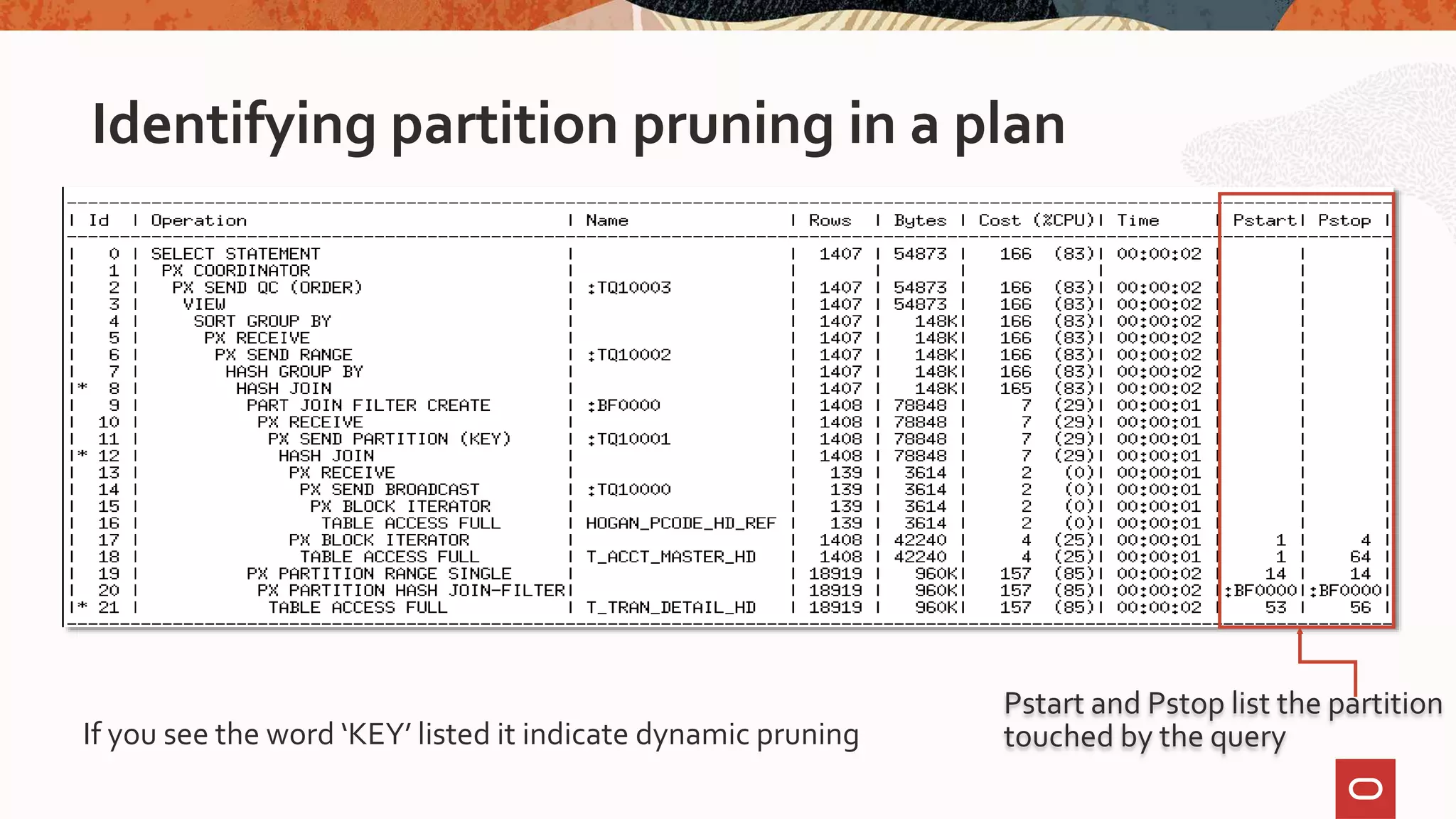 Identifying partition pruning in a plan
If you see the word ‘KEY’ listed it indicate dynamic pruning
Pstart and Pstop list the partition
touched by the query
 
