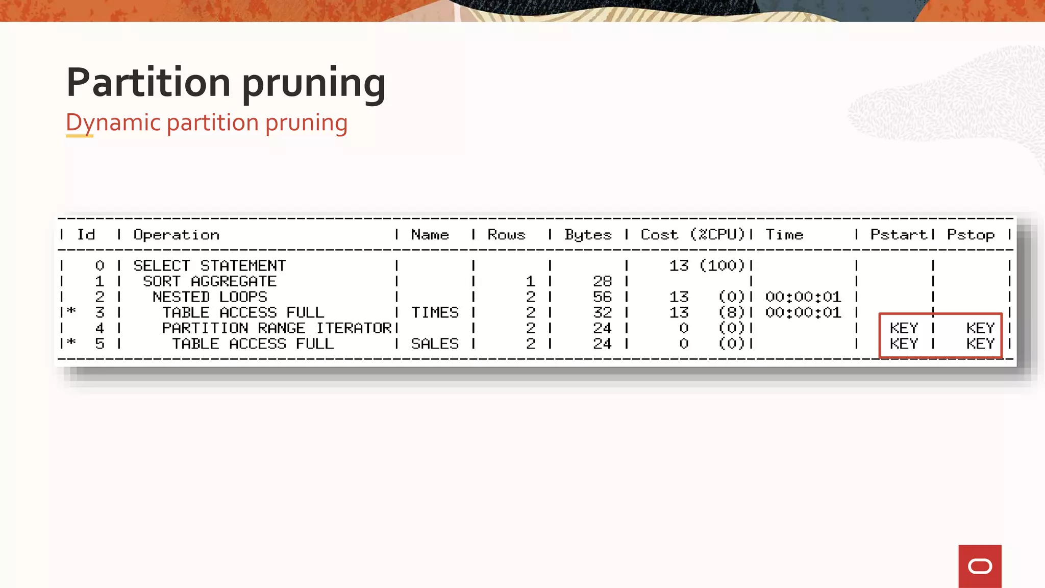 Dynamic partition pruning
Partition pruning
 